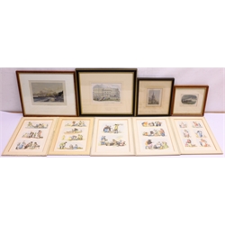 Collection of 19th century engravings including 'Whitby' after George Balmer, 'Crown Hotel' Scarborough after J N Carter, set five hand-coloured engravings after William Henry Pyne, and a 19th century Biblical watercolour, max 26cm x 16cm (10)