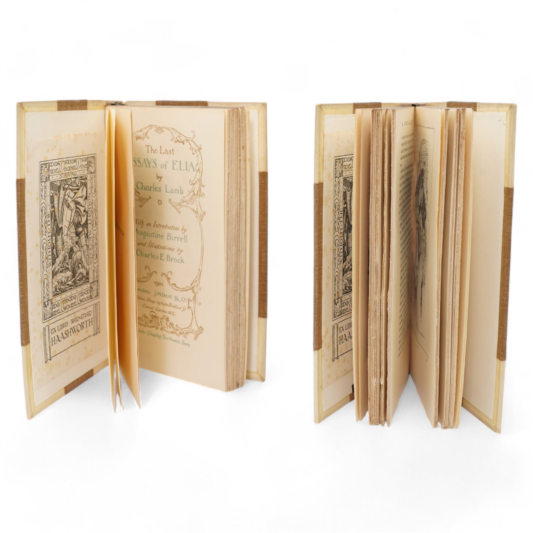 Lamb, Charles - 'The Last Essays of Elia' introduction by Augustine Birrell, illustrated by Charles Brock, third edition published by Dent 1901 in two volumes, half cream leather and brown boards, top edge gilt,  bookplate of H A Ashworth, Arnold, Matthew - 'Essays in Criticism' published Macmillan 1915-16 in two volumes, half leather and marbled boards and Lamb, Charles and Mary - 'Tales from Shakespeare' full calf and gilt spine (3), 'Georgian Poetry' third edition 1913, full leather and gilt, 'Letters of the late William Cowper1820, Stevenson R L - 'Father Damien limited 2nd edition of 1000, published 1901, soft cover and Hoole, J - 'The Orlando of Ariosta' 1819 