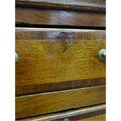  George III mahogany cross banded Lancashire oak dresser, moulded top above nine graduating drawers, brass swan necked handles, shaped bracket supports, W211cm, H98cm, D54cm   