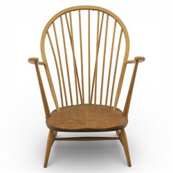 Ercol - Mid 20th century elm and beech Windsor armchair, the hooped spindle back over a shaped elm seat, with scroll front armrests on turned supports, raised on splayed tapering legs united by stretchers, lacking loose seat cushion