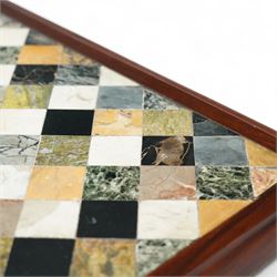 Regency style late 19th century mahogany and Italian specimen marble top console table, rectangular top inlaid with a chequered arrangement of various coloured marbles within a mahogany border, above a plain frieze raised on bold acanthus carved scroll supports over a concave plinth base