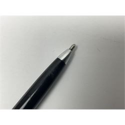 Three fountain pens, to include Conway Stewart 'Dinkie 550' and 'Conway 57' and a Parker 'Slimfold', all with 14ct gold nibs, together two roller ball pens, including a Parker example and a Swarovski Crystal paperweight