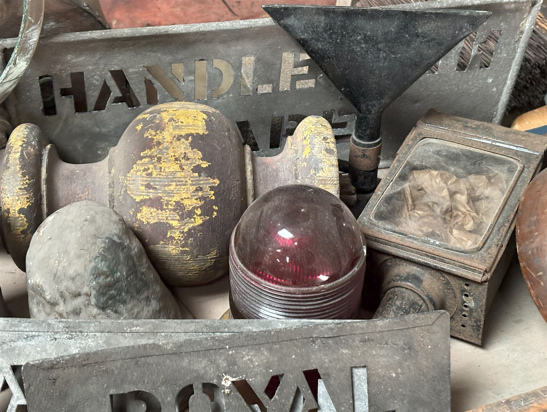 Group of unusual decorative items, to include stencils, finials, hand cranked brass fireplace bellows, a large turned and painted finial, etc.  - COLLECTION BY APPOINTMENT FROM: The White House, Thirsk Road, Easingwold, York, YO61 3NF - CALL 01723 507111 TO ARRANGE