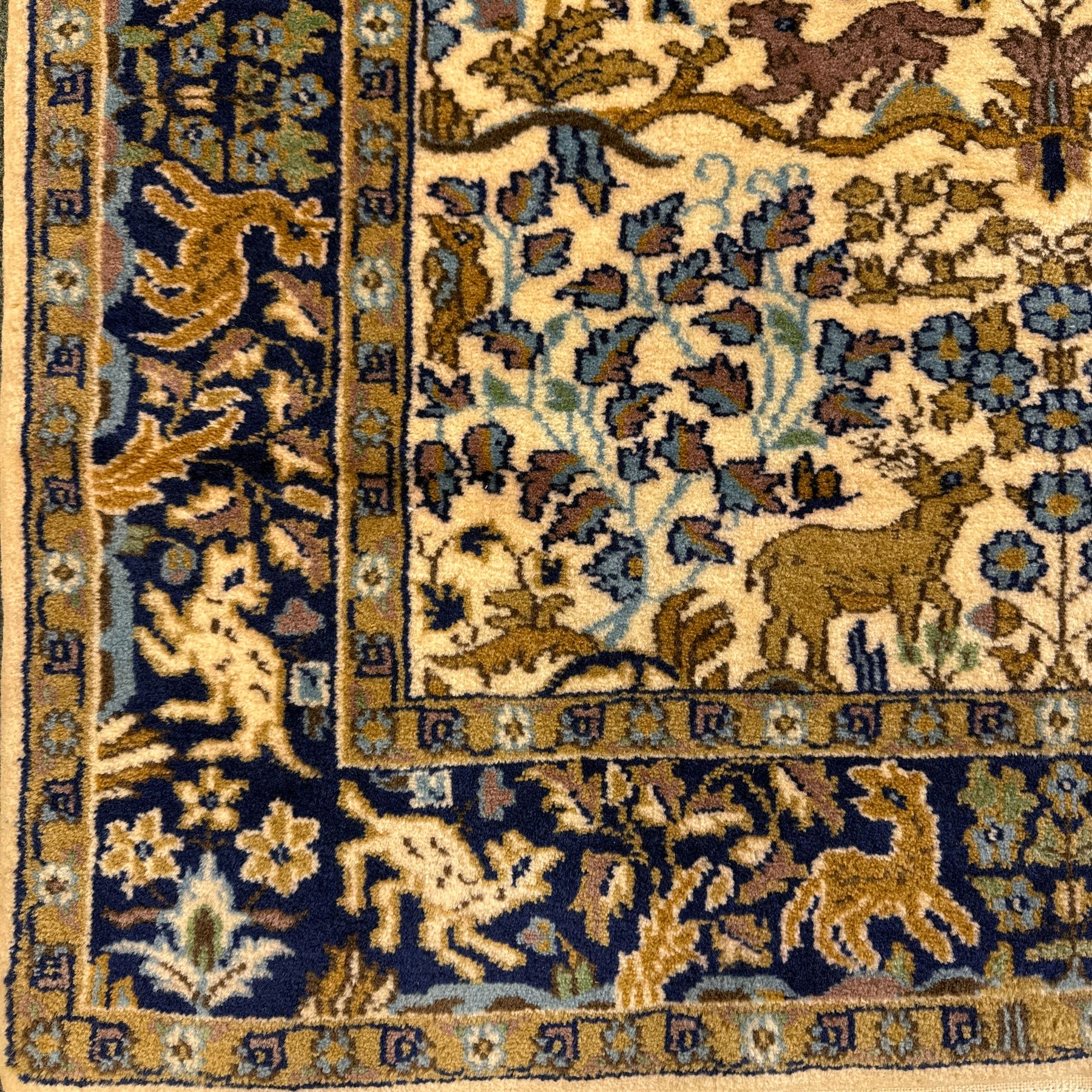 Bokhara rug, earthy ground, with repeating gul motifs, Persian pictorial rug on ivory ground with a densely patterned tree-of-life motif and symmetrically arranged deer, birds, and  other wildlife, 182x149cm & 152x90cm, (2)