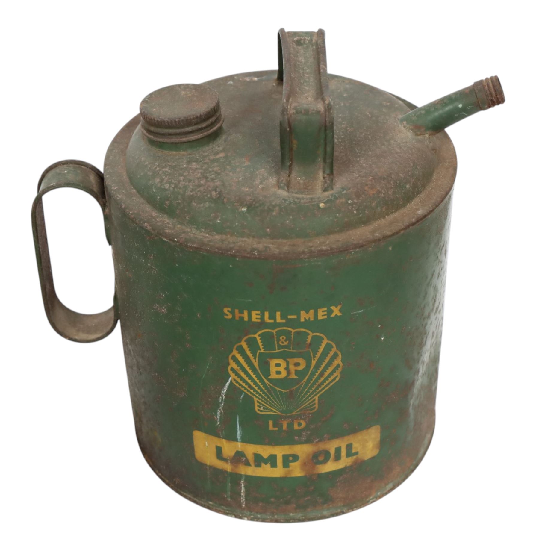 Shell-Mex Lamp Oil can, three oil jugs, including two red Esso examples and a green Castrol example and one other
