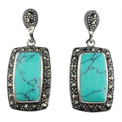 Pair of silver marcasite and turquoise pendant earrings, stamped 925