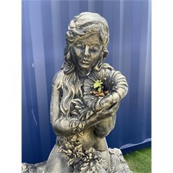 Composite stone figural garden water fountain, kneeling semi-nude woman holding flower head on scalloped shell bath, on naturalistic plinth decorated with flowers and foliage - THIS LOT IS TO BE COLLECTED BY APPOINTMENT FROM DUGGLEBY STORAGE, GREAT HILL, EASTFIELD, SCARBOROUGH, YO11 3TX