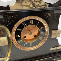 Victorian black slate and marble mantel clock, with decorative gilt engraving, Roman chapter ring, twin train movement striking the hours and half on coil
