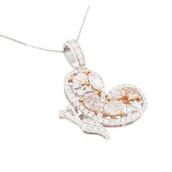 18ct white and rose gold diamond butterfly pendant necklace, the pendant set with vari-cut light pinkish brown diamonds and round brilliant cut white diamonds, total diamond weight 1.84 carat, with World Gemological Institute report