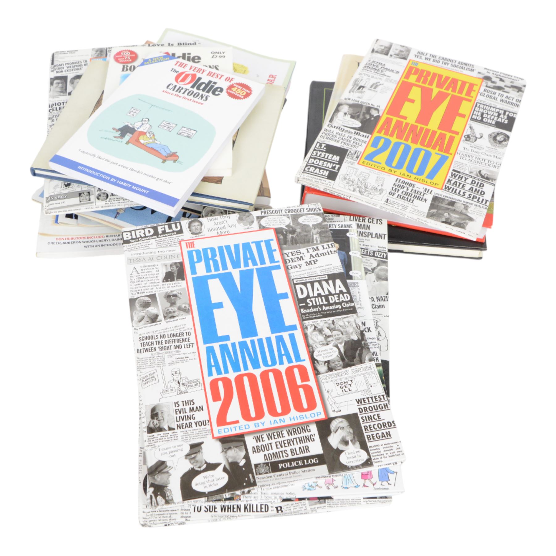 Collection of political humour and caricature books, including signed copy of Hard Times by Peter Brooke, Punch Cartoons on Colour, The Very Best of The Oldie Cartoons, etc