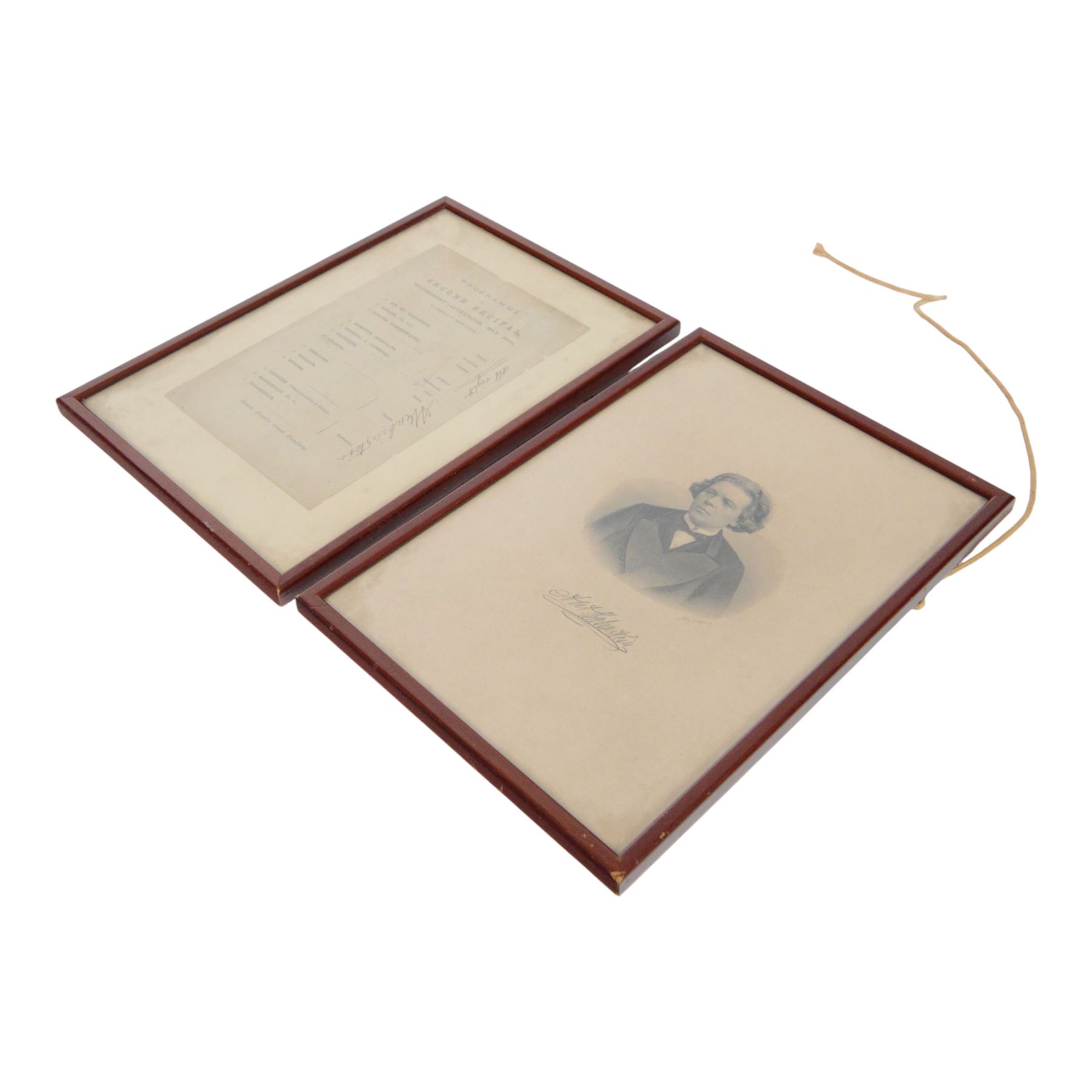 Signed 19th century programme for the Second Recital 'Variations' by Russian pianist Anton Rubinstein, performed Wednesday May 10th 1876, one of five recitals performed that year by the keyboard virtuoso at St James' Hall London after a long absence from England, the programme signed down the right side 'all right' with Anton Rubinstein's signature beneath, together with a portrait engraving of Rubinstein, also signed beneath, within matching frames, frame H30cm