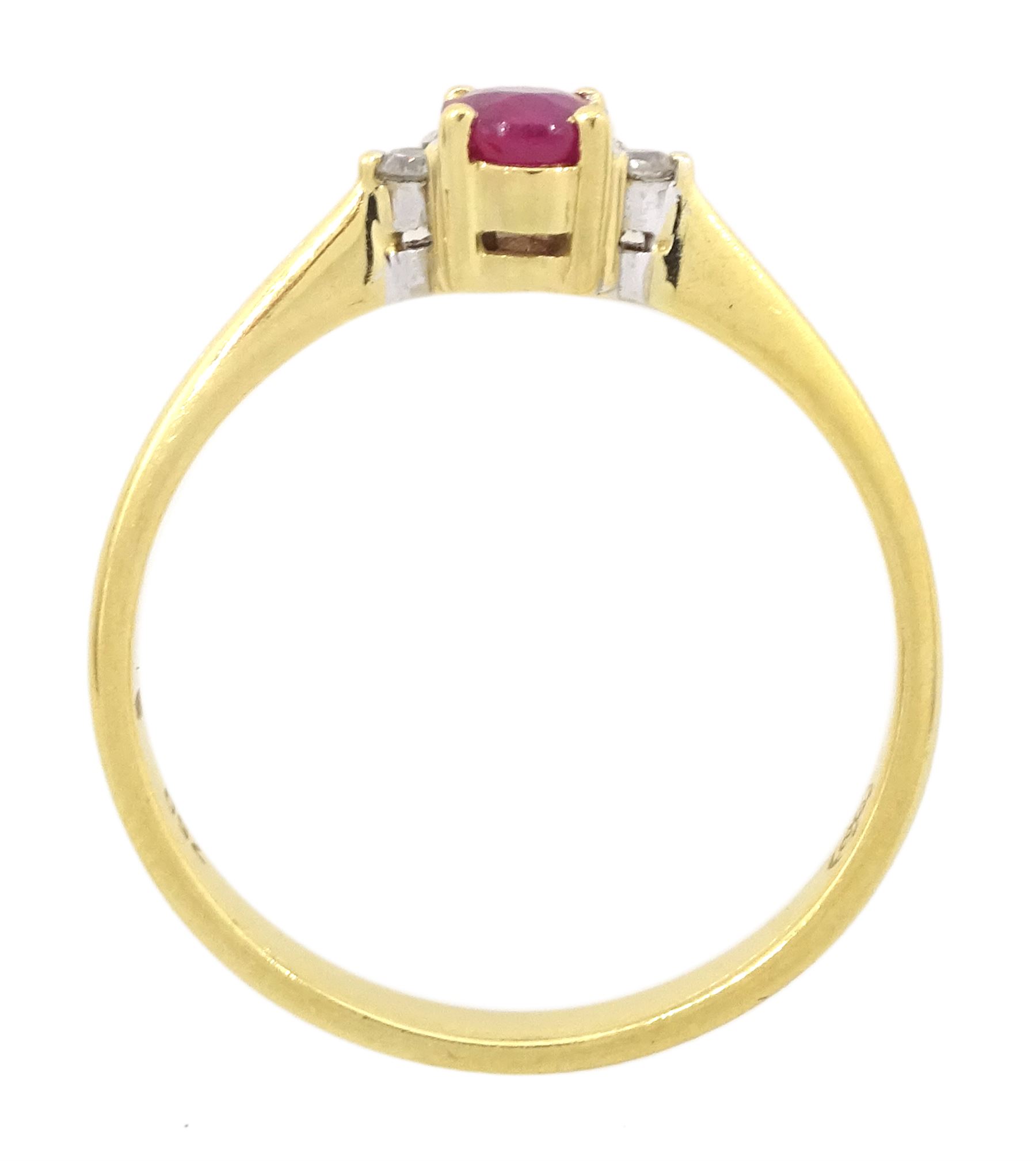 18ct gold three stone oval cut ruby and round brilliant cut diamond ring, stamped 750, ruby approx 0.30 carat