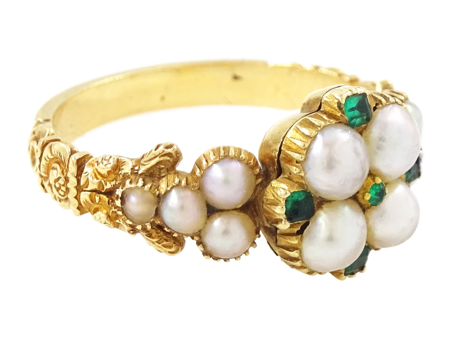 19th / early 20th century 18ct gold emerald and pearl flower head cluster ring, with pearl set shoulders and engraved foliate shank