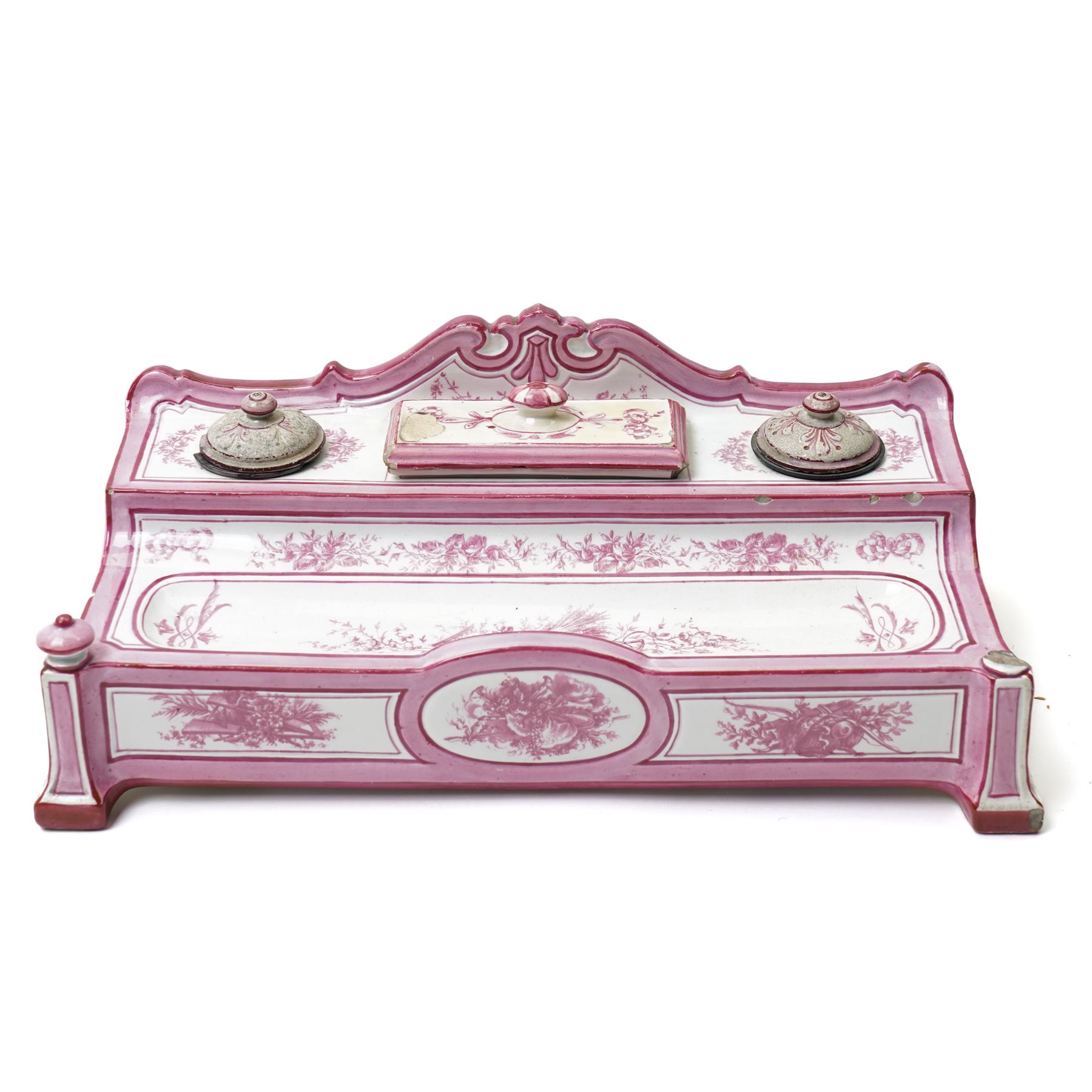 19th Century French enamelled porcelain inkstand, by Gien, in shades of pink and white, with twin inkwells and pen tray, printed marks to base W31cm D16cm