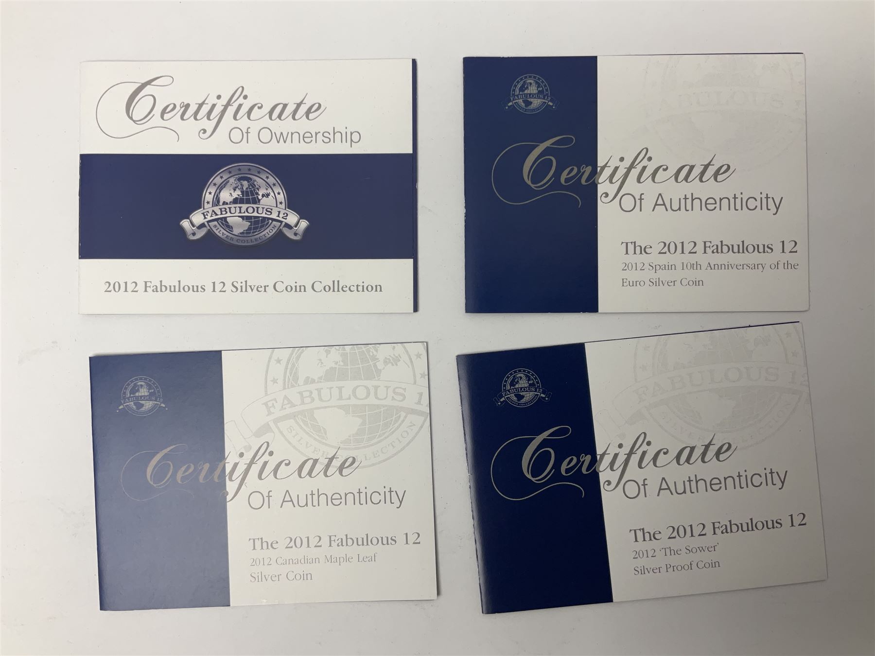 'The 2012 Fabulous 12 Silver Coin Collection' including Queen Elizabeth II Britannia one ounce silver two pound coin, Queen Elizabeth II Canada Maple Leaf one ounce silver five dollar coin, Queen Elizabeth II Australian Koala one ounce silver one dollar coin, Austrian Philharmonic one and a half euro coin, etc., in wooden presentation case