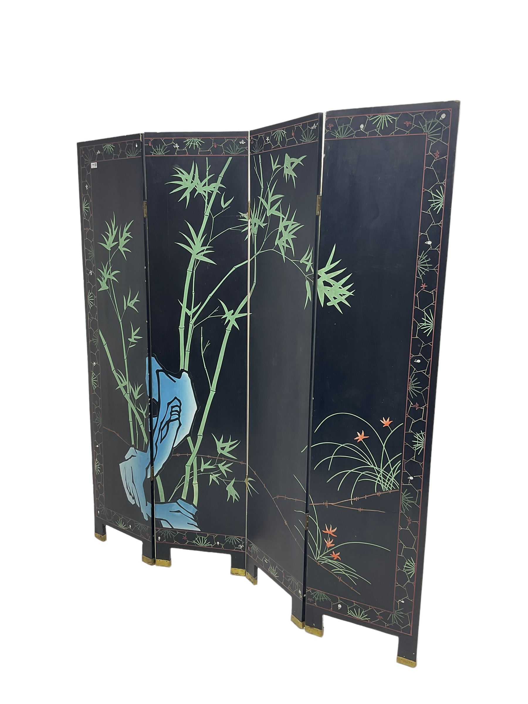 Chinese four panel folding screen, black lacquered with painted decoration