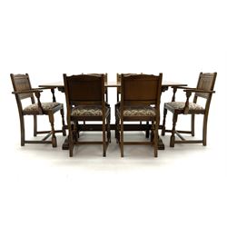 Old Charm - medium oak dining table, rectangular top on lyre shaped supports (153cm x 82cm, H75cm), and six (4+2) matching dining chairs with linen fold panelled backs