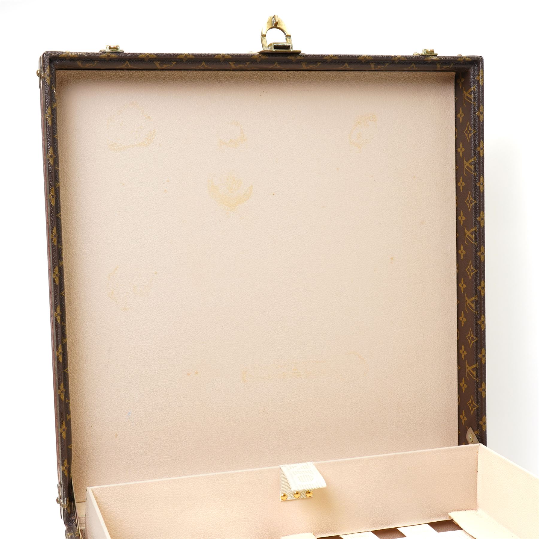 Mid-20th century Louis Vuitton monogram cabin trunk,  monogram canvas with lozine trim and brass mounts, single front leather handle with lock stamped Louis Vuitton with matching key code 1080701, the interior fitted with original webbing straps and lift-out tray, circa1960s, with original key present
