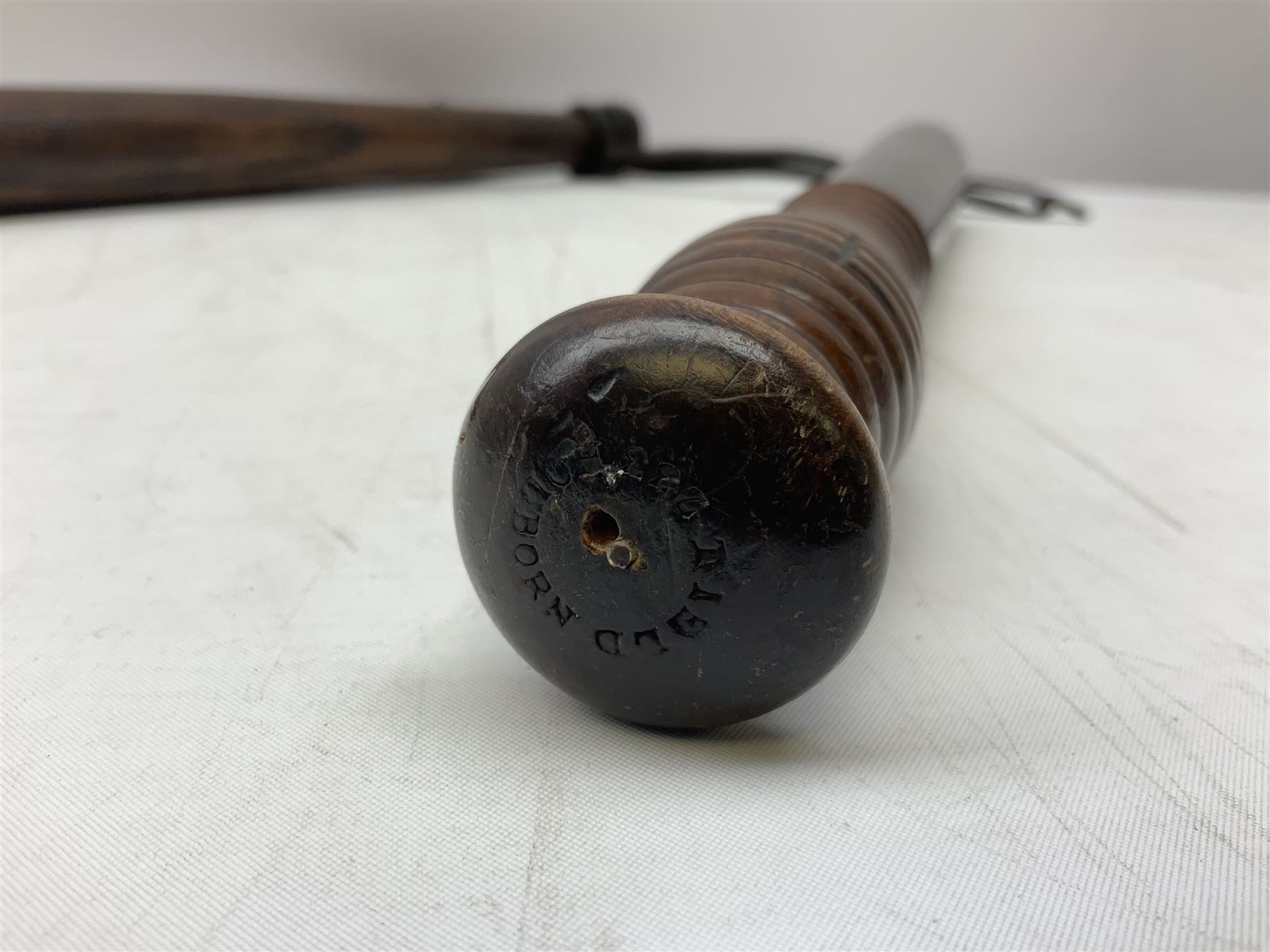 Victorian painted turned wood police truncheon by Field, dated 1851 painted in polychrome with the arms of Blackburn, including crest flanked by the date 18/51 and circumscribed BLACKBURN BOROUGH POLICE, stamped 'FIELD 233 HOLBORN'. L40.5cm. Auctioneer's Note: The borough of Blackburn received its Charter of Incorporation on 28 August 1851; together with two other unmarked turned wooden truncheons (3)