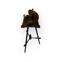 Victorian oak smoker’s companion stand, moulded rectangular top with fitted smoking accessories including urn and bowl, on turned tripod base with finial stretcher