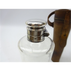  Tapered glass and silver-plated hunting stirrup flask by James Dixon & Sons in leather case   