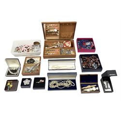 Silver jewellery including brooches, earrings and chains, stamped or tested, cultured pearl necklace and a collection of costume jewellery including beaded necklaces, brooches, bracelets, earrings and wristwatches housed in a selection of jewellery boxes 