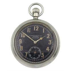 WWI British Military nickle open face keyless lever pocket watch by H. Williamson, London, No. 196228, black dial with subsidereary seconds dial, screw back case by Dennison, engraved broad arrow and 23654F