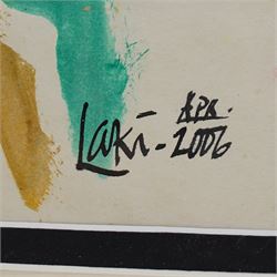 Laki Senanayake (Sri Lankan 1937-2021): 'Nude and Curtain', acrylic  on card signed and dated April 2006, 32cm x 26cm (unframed)
Notes: Internationally renowned Sri Lankan artist (painter and sculptor)
Provenance: Acquired from the artist from his studio at Diyabubula Watta, Kalundewa Road, Dambulla - Sri Lanka. The artist was a close friend of the vendor who over time acquired a large number of works.