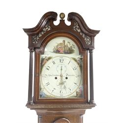 Charles Fletcher of Barnsley - Oak and Mahogany 8-day longcase clock, c 1830, with a swans neck pediment, silk backed open fret work beneath and a break arch hood door, flanked by reeded pilasters with wooden capitals, trunk with reeded quarter columns and a break arch topped door, plinth with inlaid banding on a shaped base, painted dial with Arabic numerals, seconds and date dials, stamped brass hands and painted depictions of the four seasons to the spandrels, dial pinned via a false plate to a rack striking movement with a recoil anchor escapement, striking the hours on a cast bell. With weights and pendulum.
