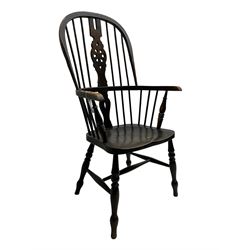 19th century stained elm and beech Windsor chair, high hoop and stick back with pierced wheel splat over shaped saddle seat, raised on ring turned supports united by H-stretcher