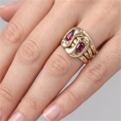 Edwardian 9ct rose gold garnet and diamond double coiled snake ring, set with rose cut diamonds and pear cut garnet, Chester 1907