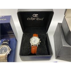 Collection of wristwatches including Accurist World Time chronograph quartz, Lorus chronograph 100m stainless steel quartz, Oskar Emil Torrini, two Citizen automatics, Seiko ladies Vivace, Titus, Limit and Tissot