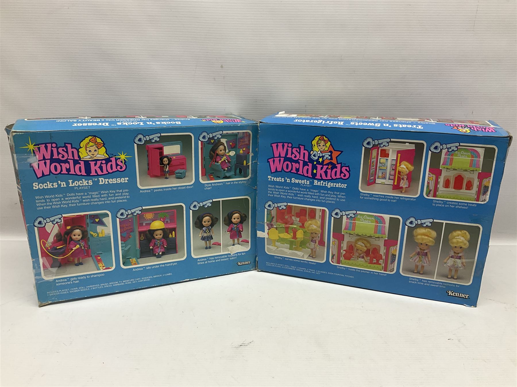 Wish World Kids - Eleven play sets comprising Treats ‘n Sweets Refrigerator, Grin ‘n Win TV, Sponge ‘n Plunge Bathtub, Socks ‘n Locks Dresser, Spice ‘n Slice Stove, Sleep ‘n Leap Bed, File ‘n Smile Desk, Blaze ‘n Braise Fireplace, Hear ‘n Cheer playset in Sponge ‘n Plunge box, two Read ‘n Speed Chair playsets in one box