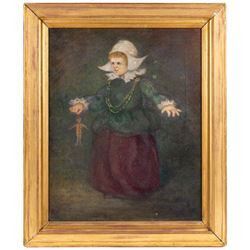 German School (Early 20th Century): Portrait of a Girl Holding a Doll, oil on canvas indis...