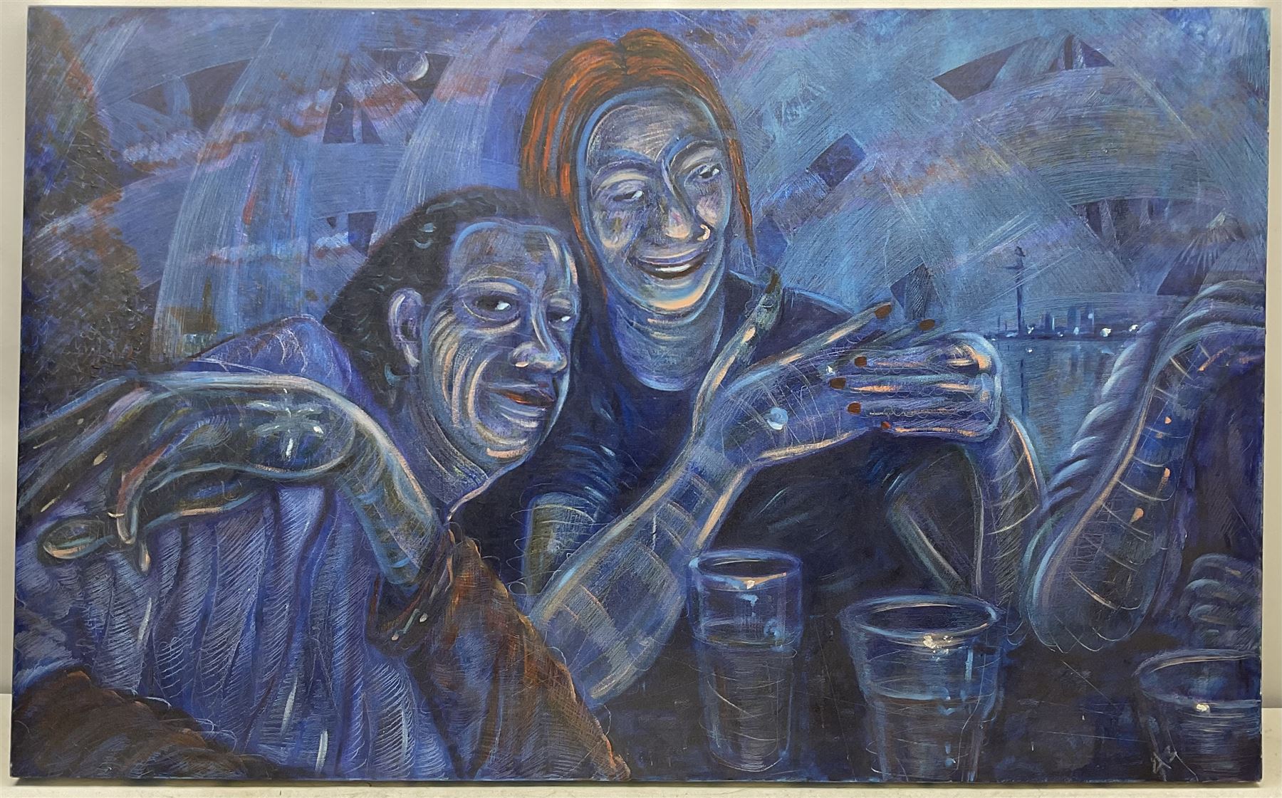 Martin Jones (British Contemporary): Blue Ladies, oil on canvas unsigned 86cm x 139cm