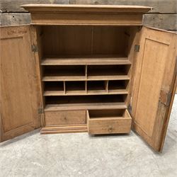 Whisky box, cast iron police sign, embossed brass wall hanging, two small oak cabinets