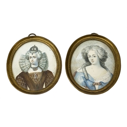 Pair of 19th century oval painted portrait miniatures upon ivory, the first example depicting Queen Elizabeth I, the second depicting Madame de La Valliere, each indistinctly signed, probably Jean S H, within gilt metal oval frames, overall H8cm 