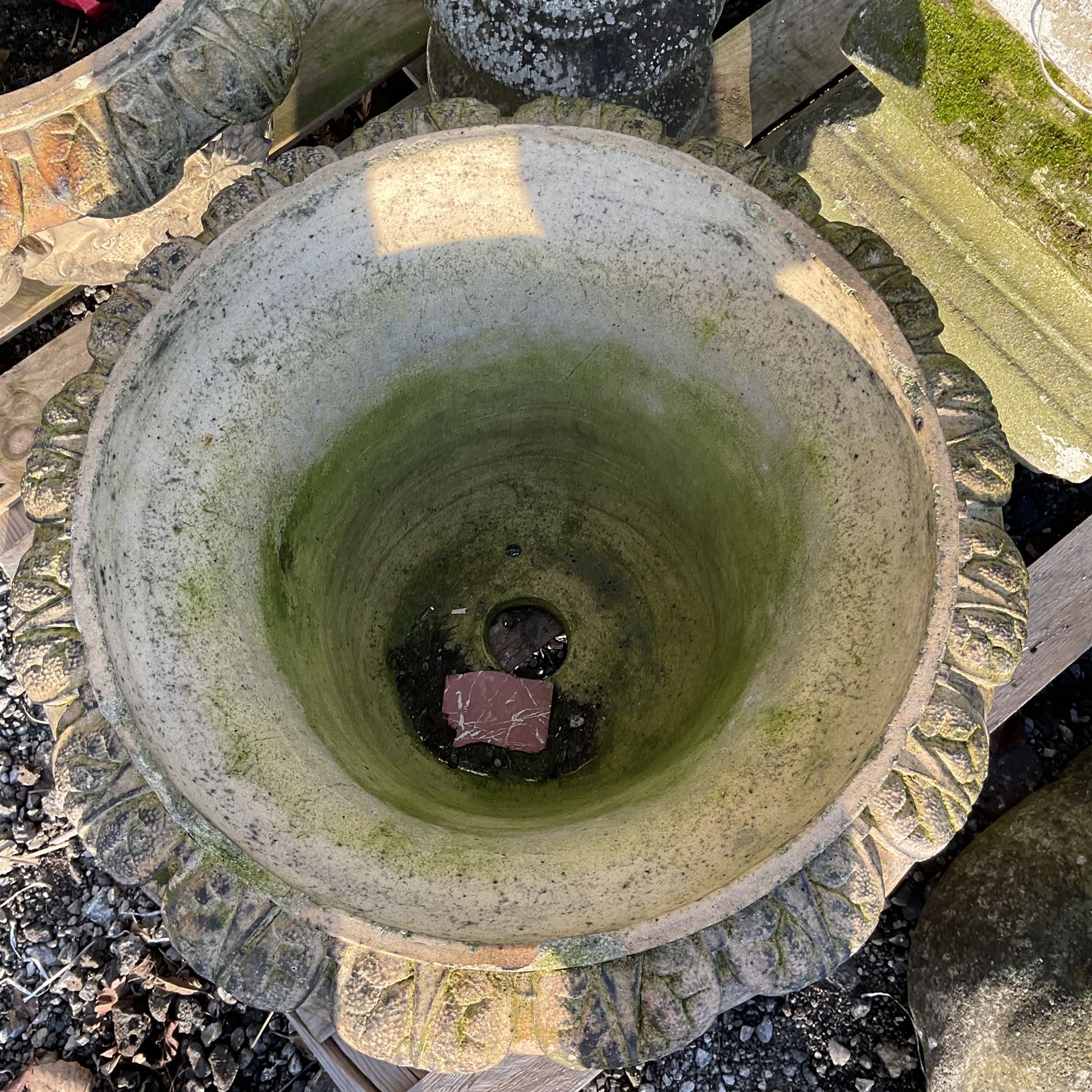 Cast stone animal with two garden urns decorated in grapes and faces with garden urn on plinth  - THIS LOT IS TO BE COLLECTED BY APPOINTMENT FROM DUGGLEBY STORAGE, GREAT HILL, EASTFIELD, SCARBOROUGH, YO11 3TX