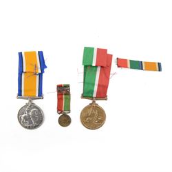 WWI medal pair awarded to female recipient; Mercantile Marine British War and Mercantile Marine Medals, awarded to Charlotte R. Stobie, with miniature of  Mercantile medal and medal ribbon 