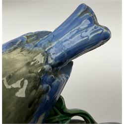 Minton majolica leaf dish, modelled as a Blue Tit perched on a branch with acorns and an oak leaf, date cypher for 1868, impressed marks beneath, L21cm. 