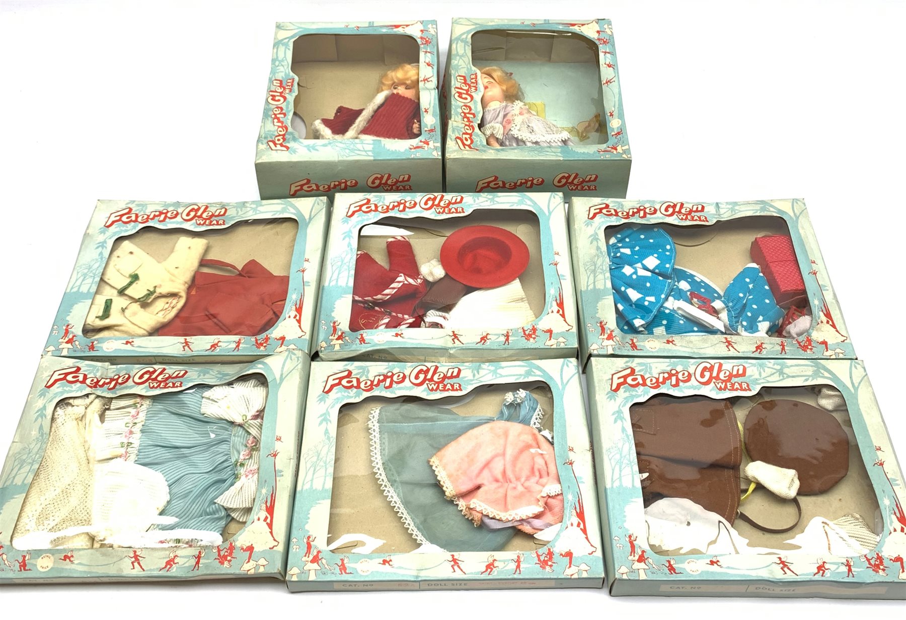 Faerie Glen - Sally doll boxed with 1959 catalogue and another wearing a red velvet coat and boxed with additional ice skating boots; together with six boxed outfits (8)