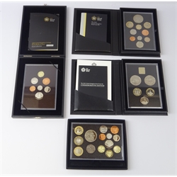  Four Royal Mint United Kingdom proof coin sets '2008 United Kingdom Coinage Royal Shield of Arms', 'The 2012 United Kingdom Proof Coin Set', 'The 2015 United Kingdom Proof Coin Set Commemorative Edition', all cased with certificates and a 2011 year set, cased  