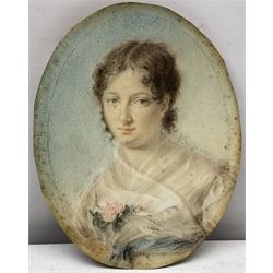 French School (18th/19th century): Portrait of a Young Woman, watercolour on paper indistinctly inscribed and dated 'Isa? Louise DBL 1819', 17cm x 13cm