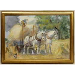  R Morden? (British 20th century): Haymaking, watercolour and charcoal indistinctly signed 23cm x 34cm  