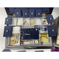 Oak sewing box with geometric inlaid decoration, the hinged lid lifting to reveal compartmented interior with lift out tray together with another mahogany example with mother of pearl and marquetry inlay decoration, both for restoration, largest H15cm W30cm D22cm