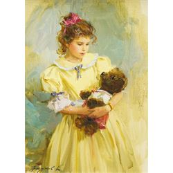 Konstantin Razumov (Russian 1974-): Girl in a Yellow Dress with Teddy, oil on canvas indis...