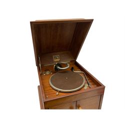 Late 20th century mahogany cased table top gramophone, with later 'His Masters Voice' label to the interior, H32cm L41cm D47cm