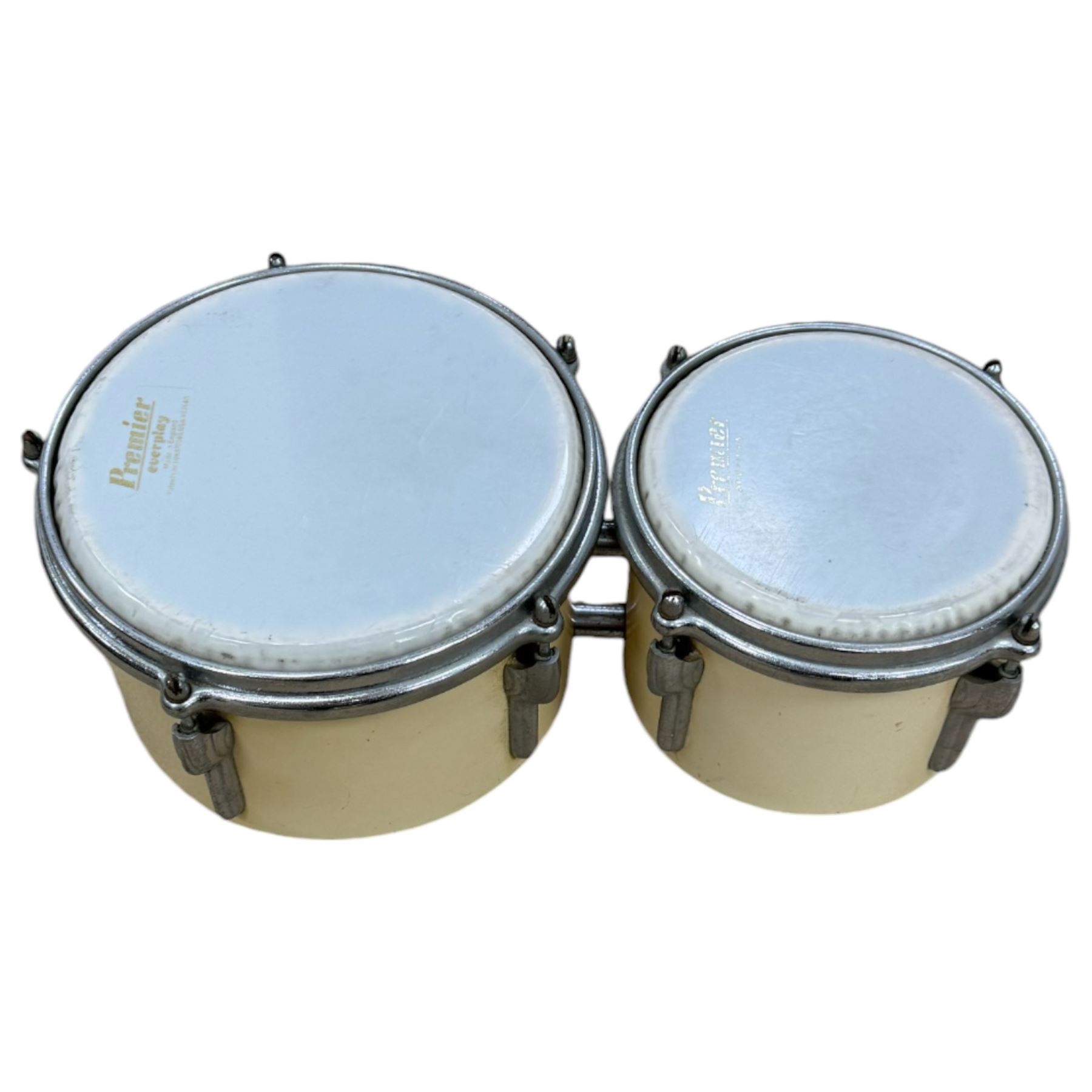 1950s Premier drum kit, owned by Ken Golder the original drummer in the John Barry Seven, comprising bass drum, floor tom, mounted tom, two bongos, Zildjian high hats and ride cymbal, Superzyn crash cymbal and stands, with some original receipts for the kit addressed to Mr Golder

