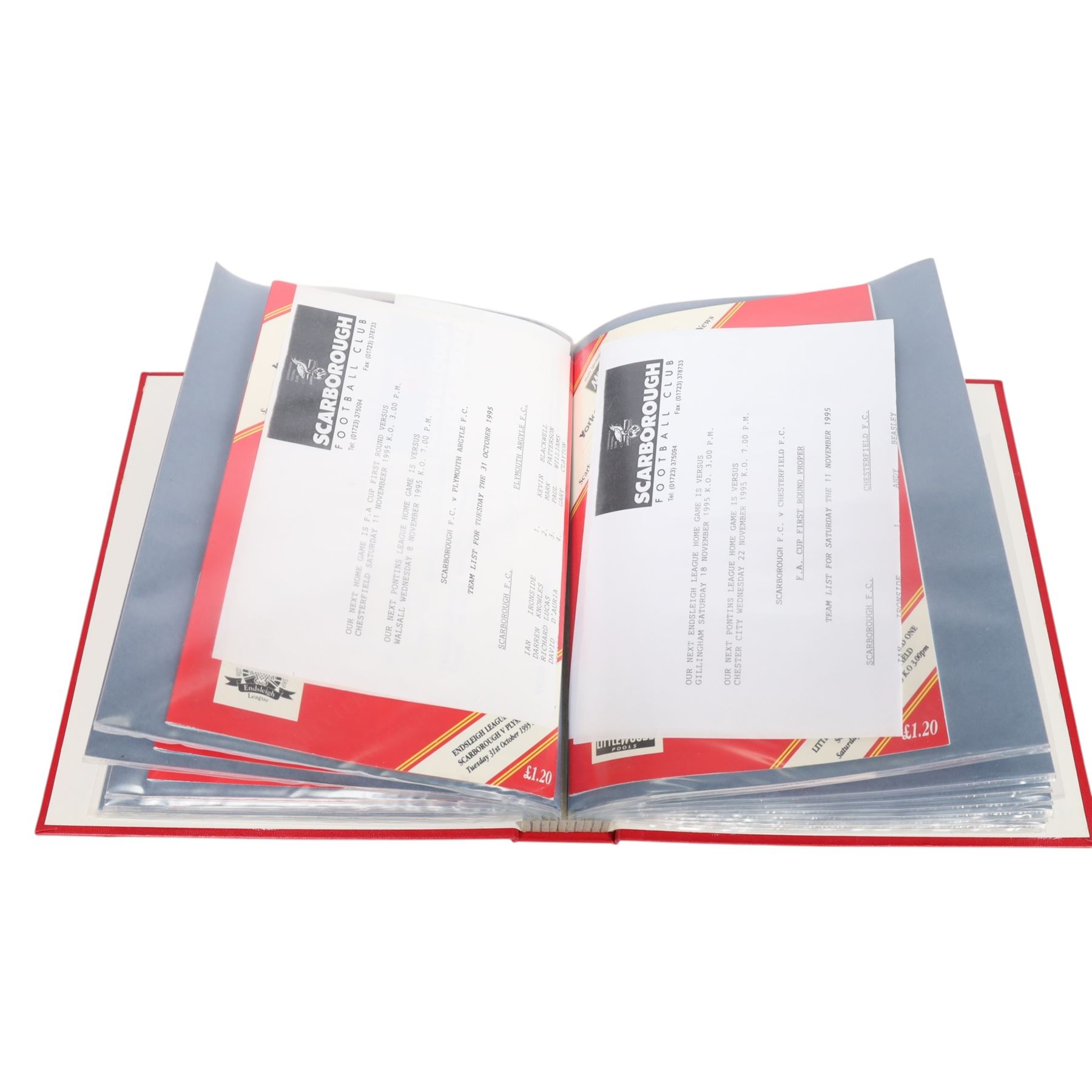 Comprehensive collection of approximately one-hundred and seventy Scarborough FC football programmes for the 1993/94, 1994/95 and 1995/96 seasons, all filed within six dedicated Scarborough FC red Home and Away binders