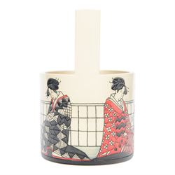 Dennis Chinaworks Geisha basket, designed by Sally Tuffin dated 2012 limited edition no. 9/10, of cylindrical form with handle, decorated with six geisha dressed in red, white and black kimonos, impressed and painted marks beneath, H23cm